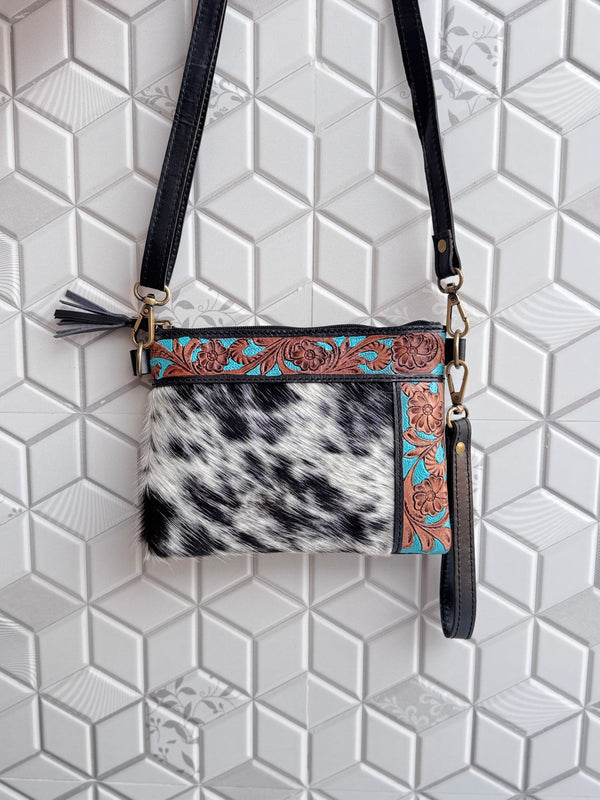 Cowhide Leather Handbag Carving Hand Tooled Leather Tassel Boho Unique Design Sling Bag for Women