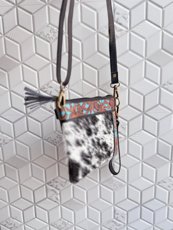 Cowhide Leather Handbag Carving Hand Tooled Leather Tassel Boho Unique Design Sling Bag for Women