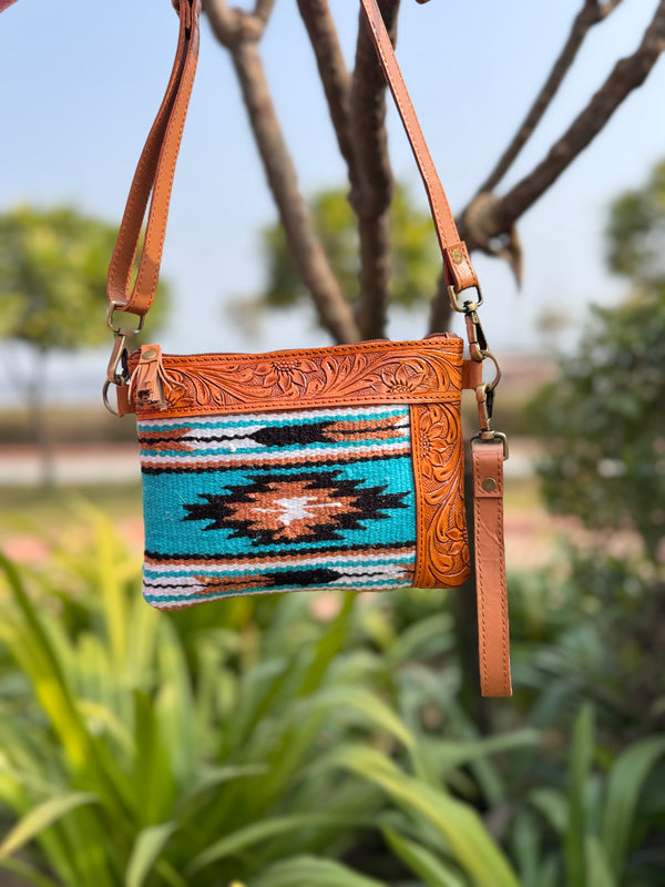 Aztec Saddle Blanket Leather Sling Handbag Hand Tooled Leather Women Use Purse