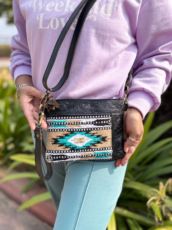 Aztec Saddle Blanket Leather Sling Handbag Hand Tooled Leather Women Use Purse