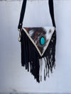 Cowhide Fur Leather Fringe Sling Bag Bohemian Turquoise Stone Handbag