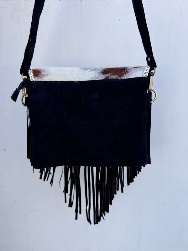 Cowhide Fur Leather Fringe Sling Bag Bohemian Turquoise Stone Handbag