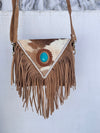 Cowhide Fur Leather Fringe Sling Bag Bohemian Turquoise Stone Handbag