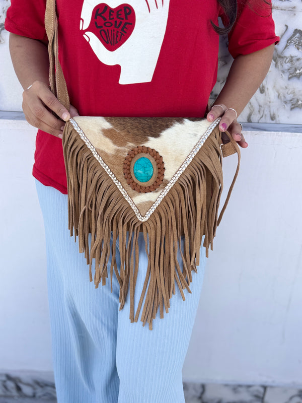 Cowhide Fur Leather Fringe Sling Bag Bohemian Turquoise Stone Handbag