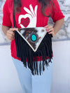 Cowhide Fur Leather Fringe Sling Bag Bohemian Turquoise Stone Handbag