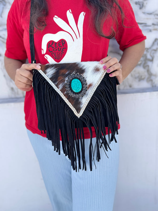 Cowhide Fur Leather Fringe Sling Bag Bohemian Turquoise Stone Handbag