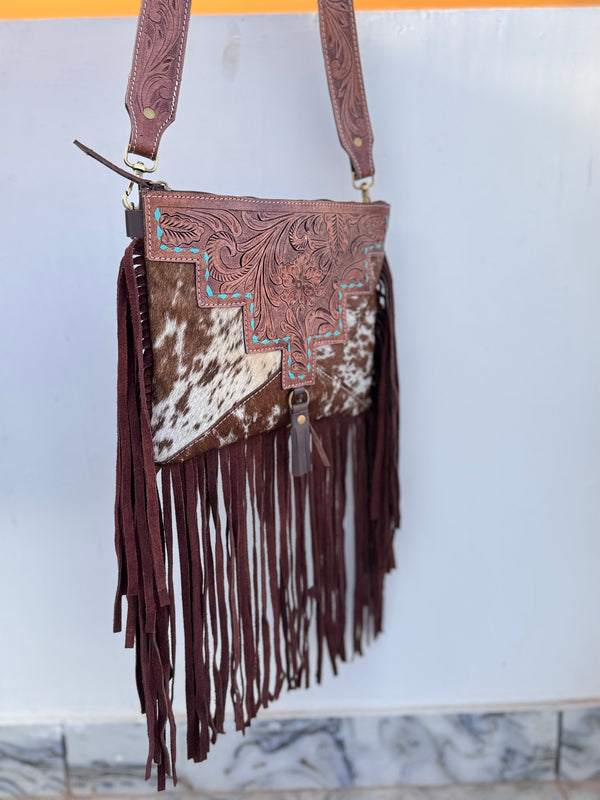 Hand Tooled Carving Leather FringeBag Stylish Purse Cowhide Fur Leather Handbags
