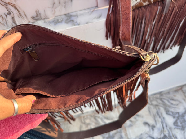 Hand Tooled Carving Leather FringeBag Stylish Purse Cowhide Fur Leather Handbags