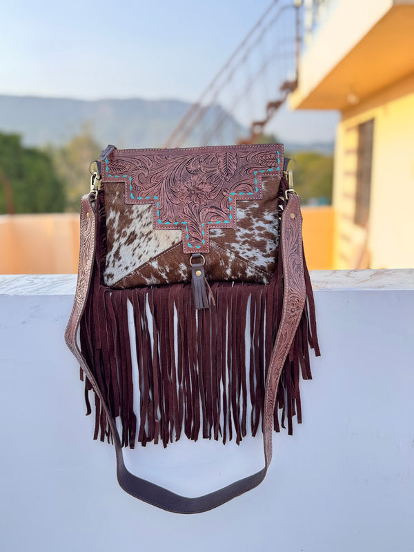 Hand Tooled Carving Leather FringeBag Stylish Purse Cowhide Fur Leather Handbags