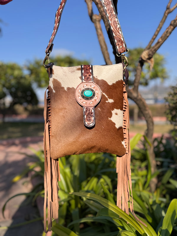 Hand Tooled Carving Handbag Real Cowhide Leather Fringe Bohemian Bags