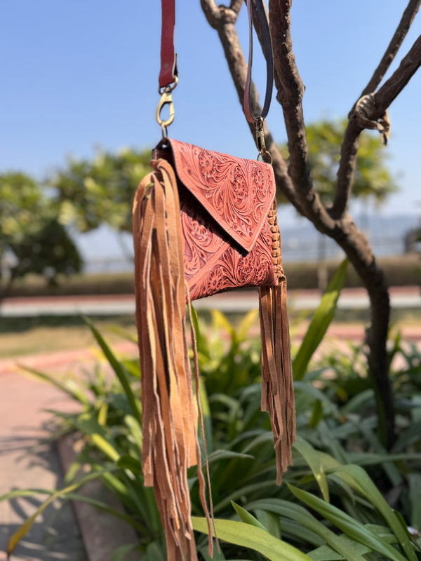New Arrival Hand Tooled Fringe Handbag Real Leather Handmade Carving Tooling Sling Bag