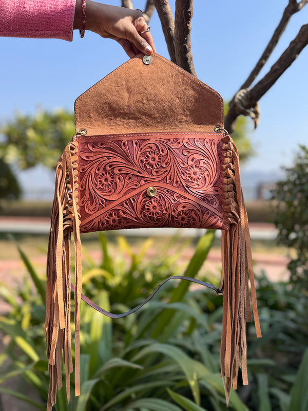 New Arrival Hand Tooled Fringe Handbag Real Leather Handmade Carving Tooling Sling Bag
