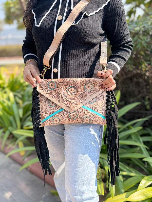 Hand Tooled Fringe Handbag Real Leather Handmade Carving Tooling Turquoise Colour Sling Bag Stylish Bag