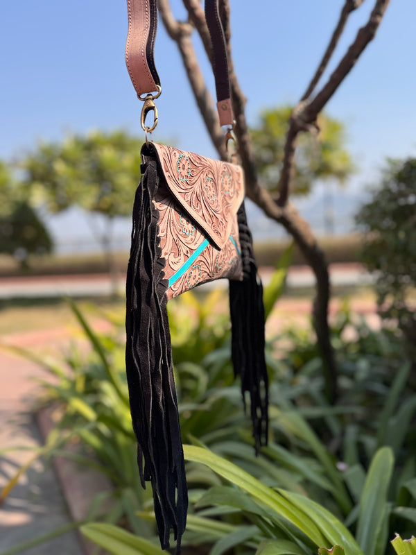 Hand Tooled Fringe Handbag Real Leather Handmade Carving Tooling Turquoise Colour Sling Bag Stylish Bag