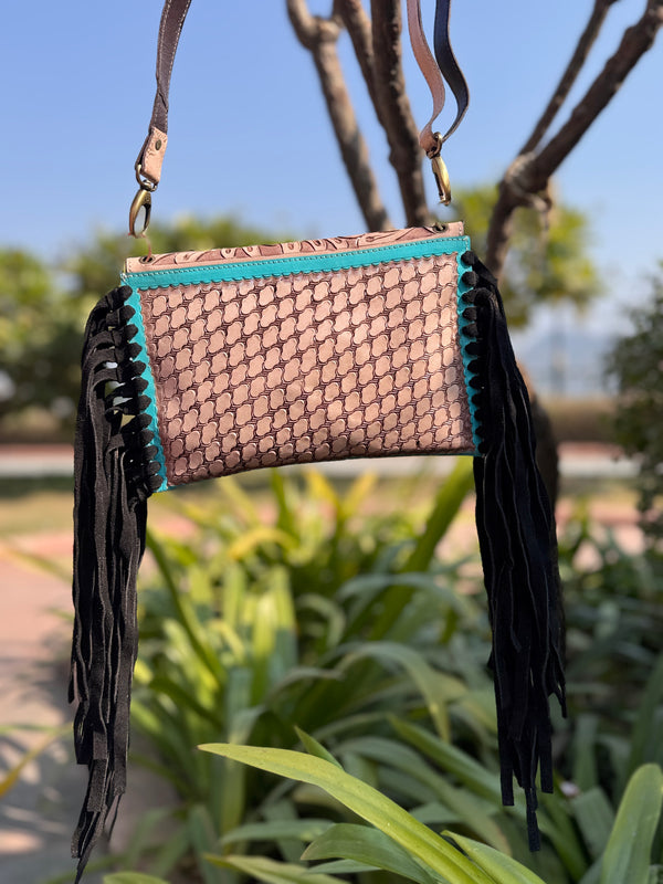 Hand Tooled Fringe Handbag Real Leather Handmade Carving Tooling Turquoise Colour Sling Bag Stylish Bag