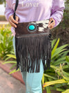Cowhide Fur Fringe Handbag Suede Leather Turquoise Stone Stylish Sling Bag