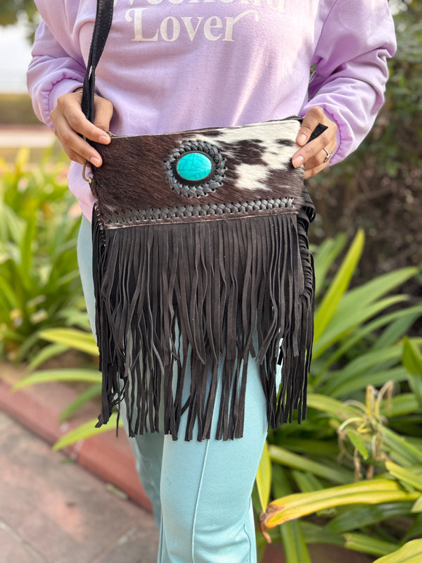 Cowhide Fur Fringe Handbag Suede Leather Turquoise Stone Stylish Sling Bag