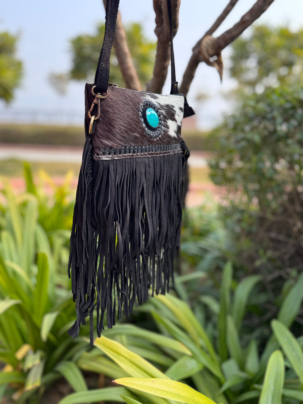 Cowhide Fur Fringe Handbag Suede Leather Turquoise Stone Stylish Sling Bag