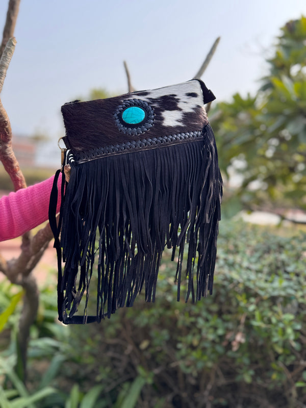 Cowhide Fur Fringe Handbag Suede Leather Turquoise Stone Stylish Sling Bag