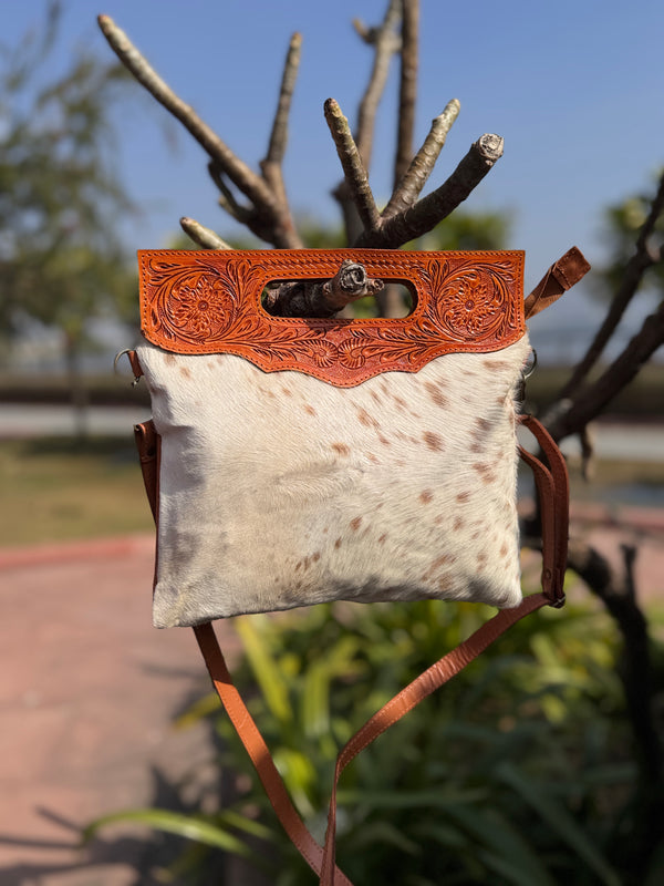 Cowhide Fur Hand Tooled Leather Handbag Sling Bag Carving Bohemian Bags