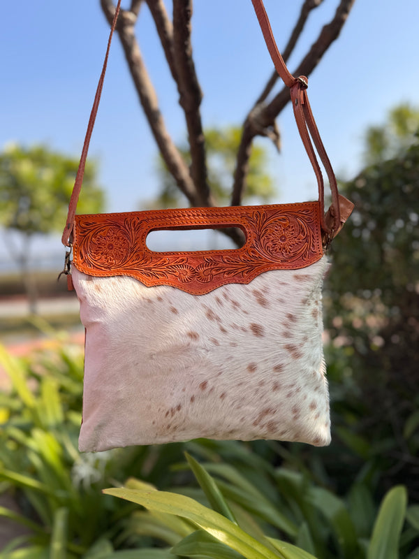 Cowhide Fur Hand Tooled Leather Handbag Sling Bag Carving Bohemian Bags