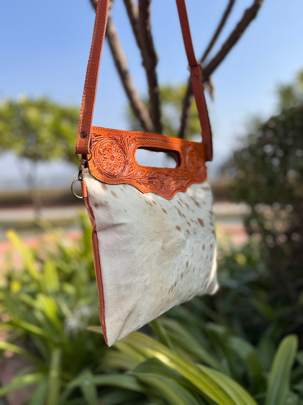 Cowhide Fur Hand Tooled Leather Handbag Sling Bag Carving Bohemian Bags