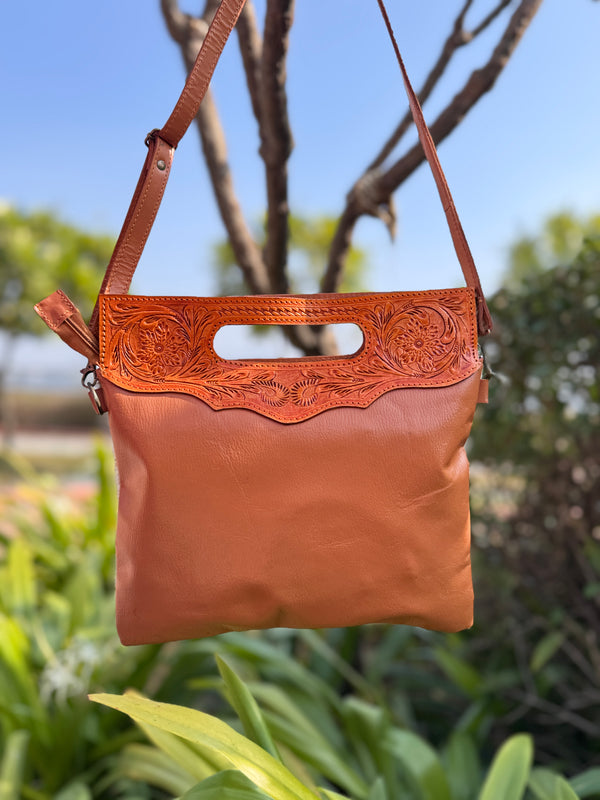Cowhide Fur Hand Tooled Leather Handbag Sling Bag Carving Bohemian Bags