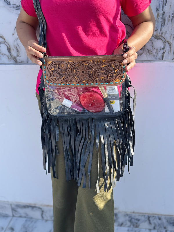 Fringe Transparent Clear Bag Stylish Hand Tooled Carving Leather Purse