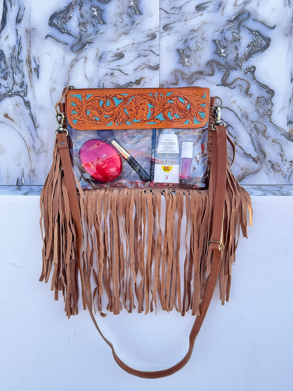 Fringe Transparent Clear Bag Stylish Hand Tooled Carving Leather Purse