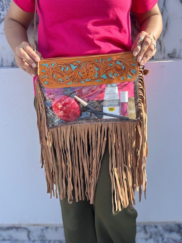 Fringe Transparent Clear Bag Stylish Hand Tooled Carving Leather Purse