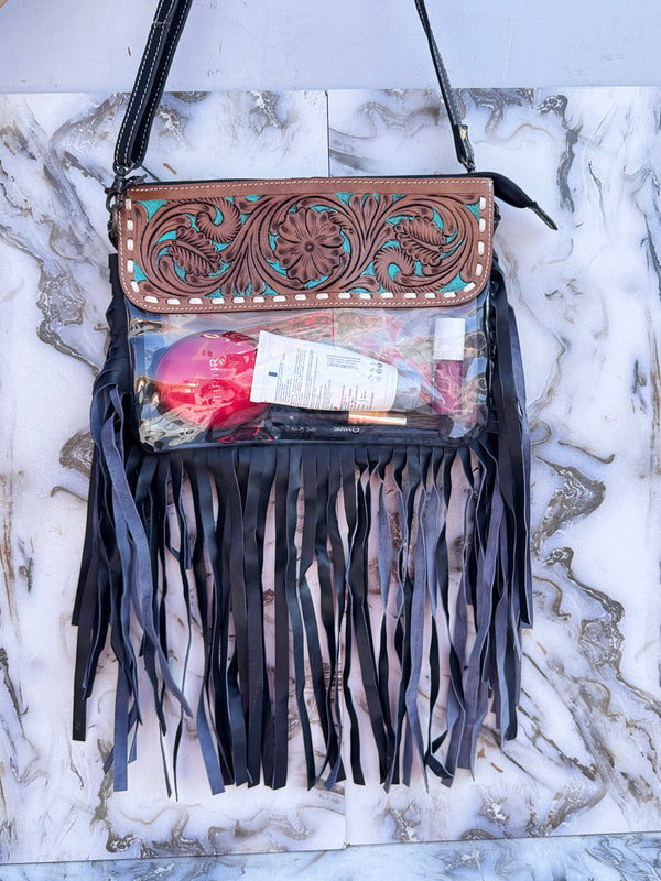 Fringe Transparent Clear Bag Stylish Hand Tooled Carving Leather Purse