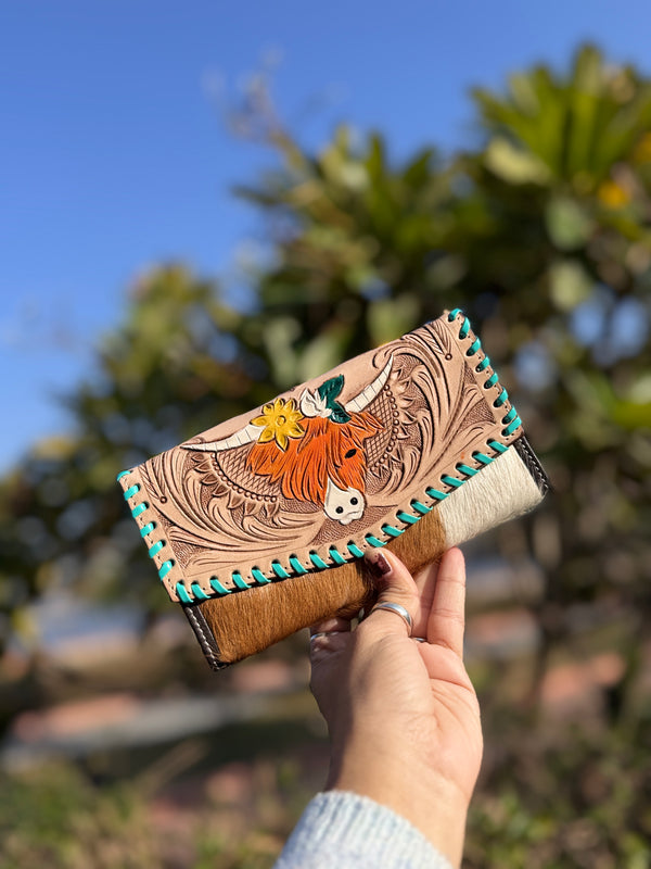 Hand Tooled Carving Clutch Stylish Genuine Leather Cowhide Fur Clutches For Women