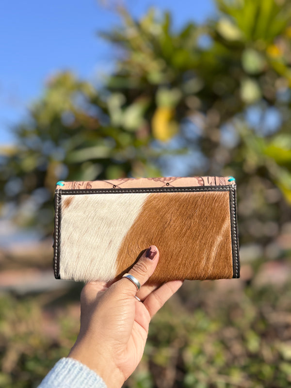 Hand Tooled Carving Clutch Stylish Genuine Leather Cowhide Fur Clutches For Women