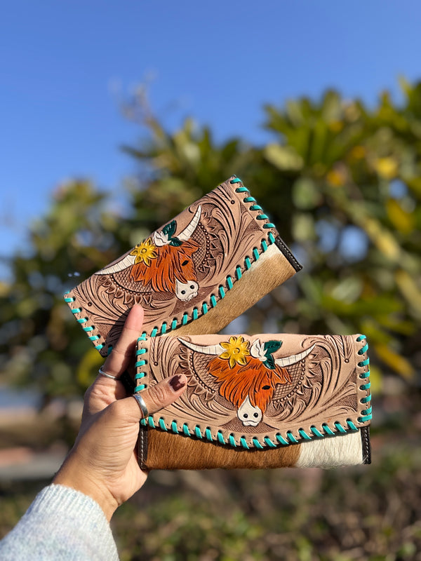 Hand Tooled Carving Clutch Stylish Genuine Leather Cowhide Fur Clutches For Women