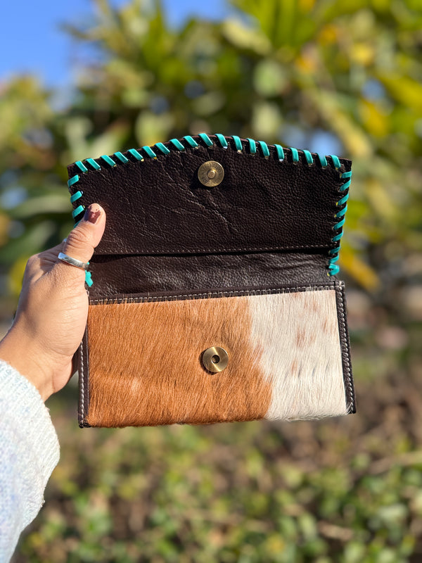 Hand Tooled Carving Clutch Stylish Genuine Leather Cowhide Fur Clutches For Women