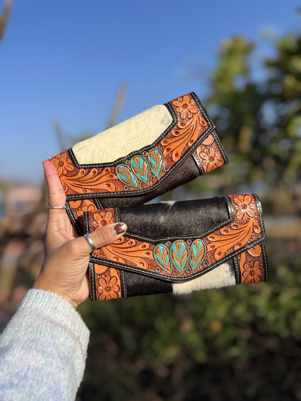 Hand Tooled Carving Leather Wallet Clutch Phone Case Card Stylish Cowhide Fur Wallet