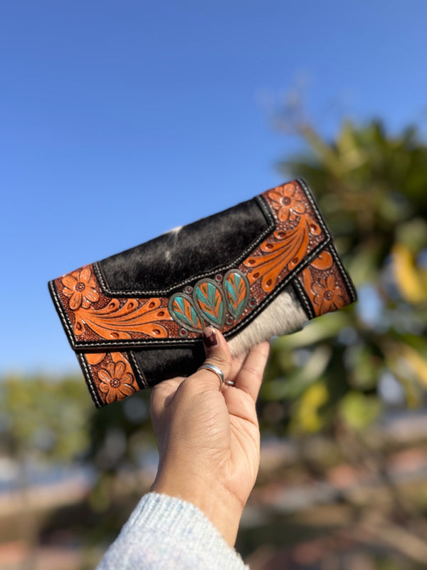 Hand Tooled Carving Leather Wallet Clutch Phone Case Card Stylish Cowhide Fur Wallet