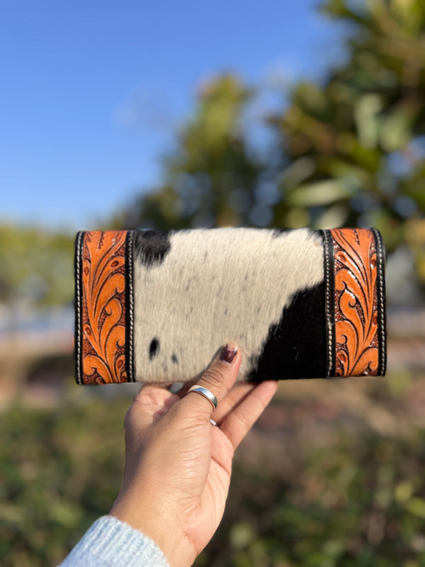 Hand Tooled Carving Leather Wallet Clutch Phone Case Card Stylish Cowhide Fur Wallet