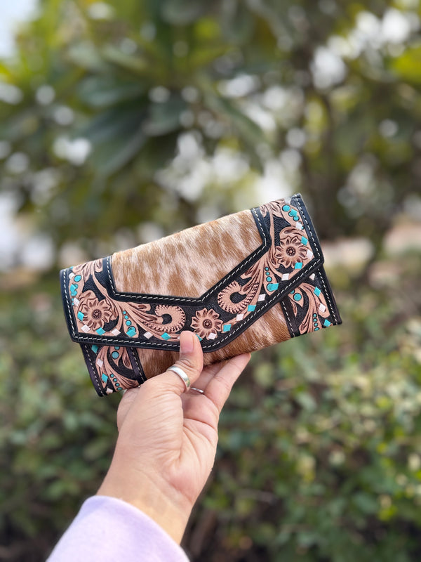 Cowhide Fur Clutch Hand Tooled Carving Leather Wallet Multi Uses Western Leather Stylish Wallets for Women's