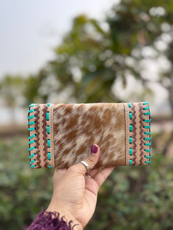 Clutch for Women's Hand Tooled Carving Wallet Clutch Western Stylish Cowhide Fur Wallet