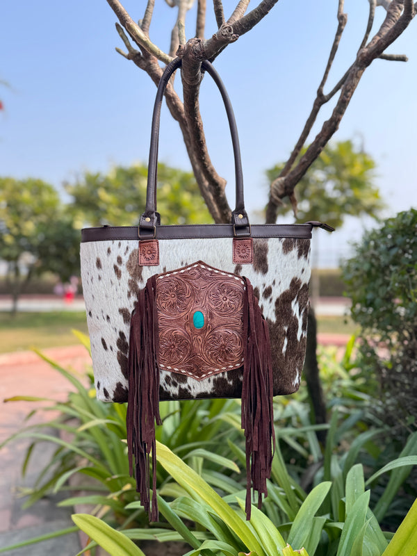 Cowhide Fur Fringe Tote Bag Stylish Lather Purse Hair on Hide Carving Hand Tooled Bags