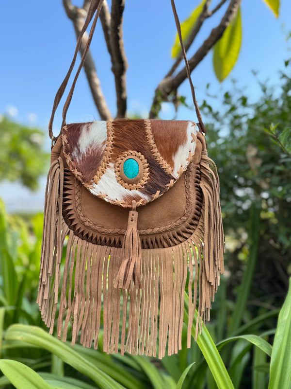 Suede Leather Fringe Handbag Hair On Hide Turquoise Stone Stylish Women's Sling Bag