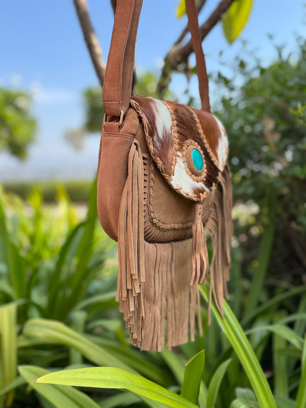 Suede Leather Fringe Handbag Hair On Hide Turquoise Stone Stylish Women's Sling Bag