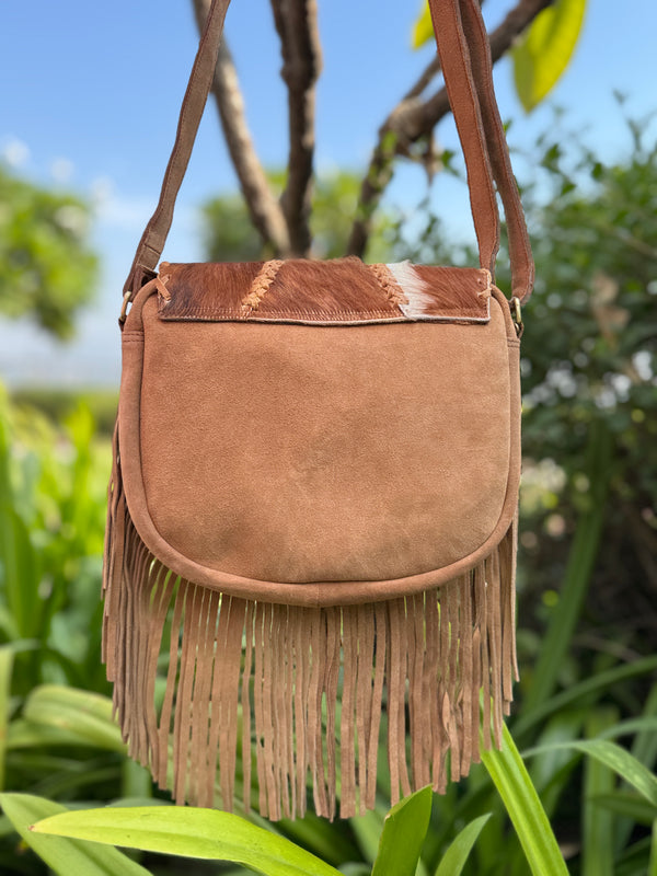 Suede Leather Fringe Handbag Hair On Hide Turquoise Stone Stylish Women's Sling Bag