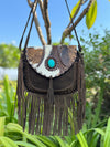 Suede Leather Fringe Handbag Hair On Hide Turquoise Stone Stylish Women's Sling Bag