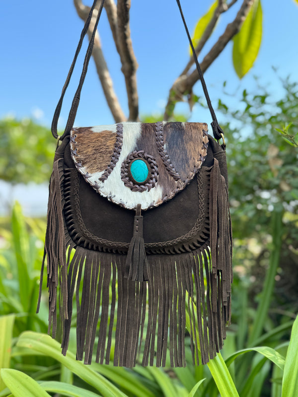 Suede Leather Fringe Handbag Hair On Hide Turquoise Stone Stylish Women's Sling Bag