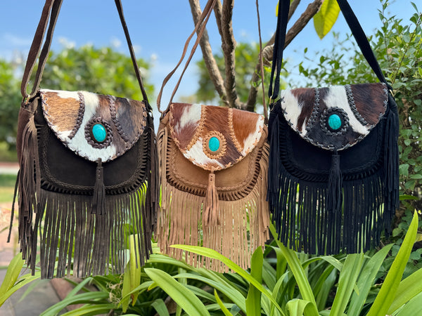 Suede Leather Fringe Handbag Hair On Hide Turquoise Stone Stylish Women's Sling Bag