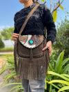 Suede Leather Fringe Handbag Hair On Hide Turquoise Stone Stylish Women's Sling Bag