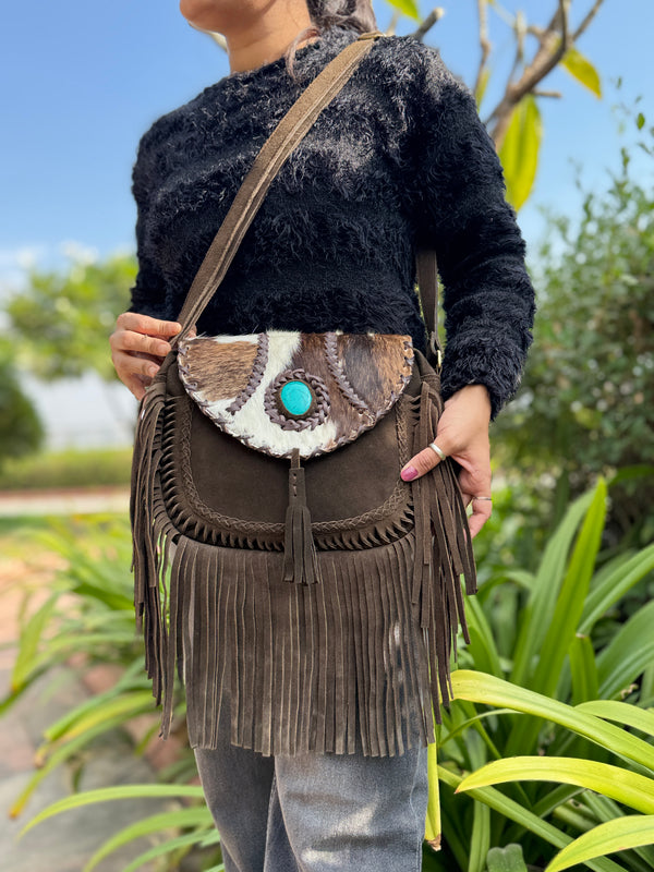 Suede Leather Fringe Handbag Hair On Hide Turquoise Stone Stylish Women's Sling Bag