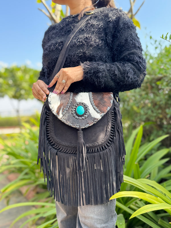 Suede Leather Fringe Handbag Hair On Hide Turquoise Stone Stylish Women's Sling Bag
